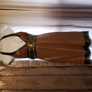 NEW bronze metallic halter dress w black sequins & crystal beading at waist